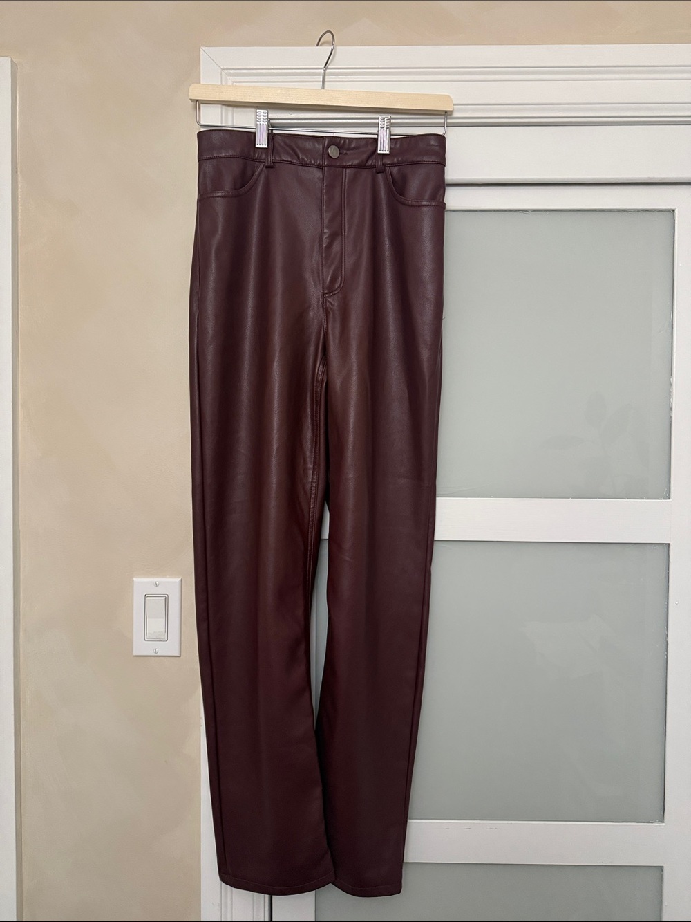 Dynamite Faux Leather Straight Leg Pants in Deep Burgundy